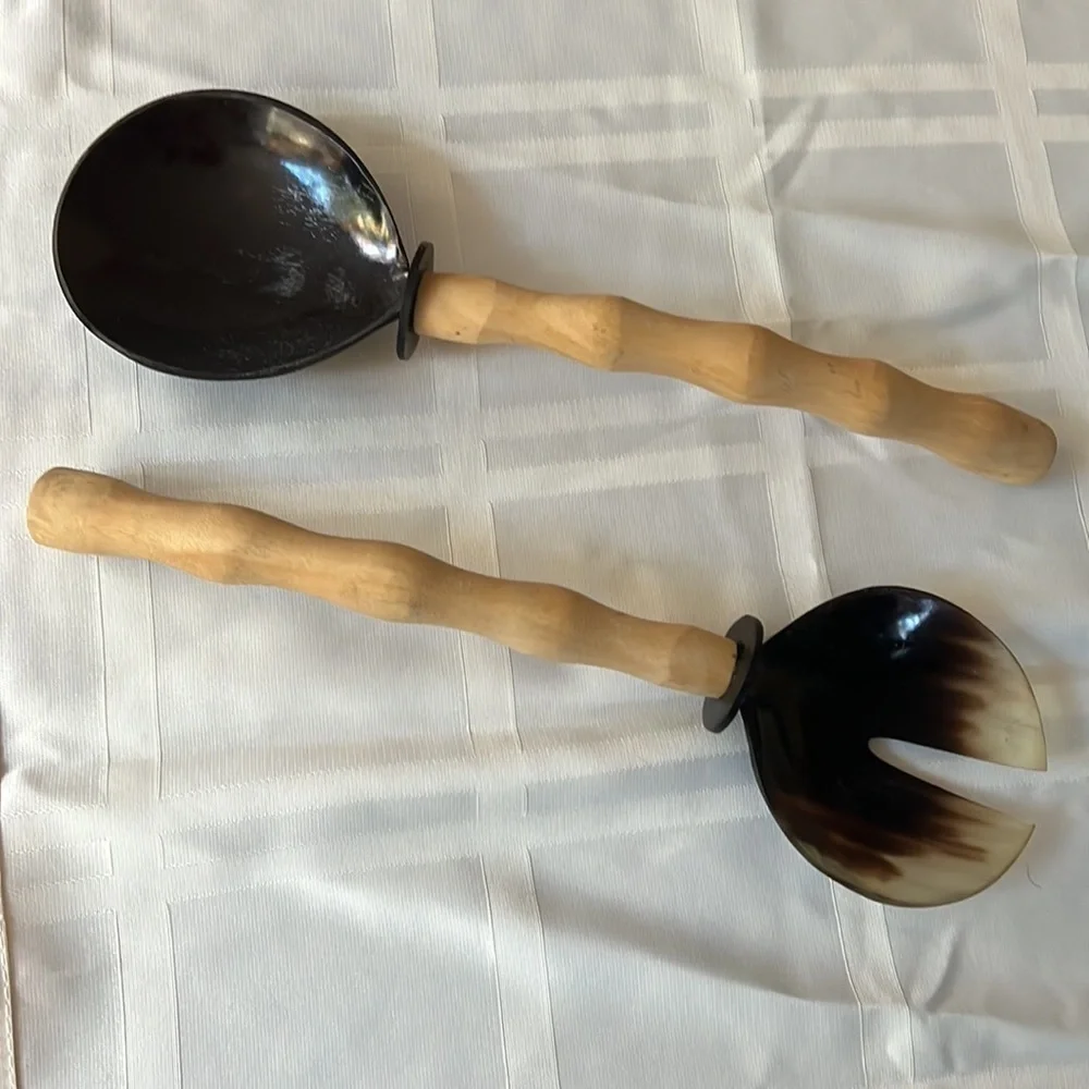 Pair of 11” Horn and Wood Serving Spoons